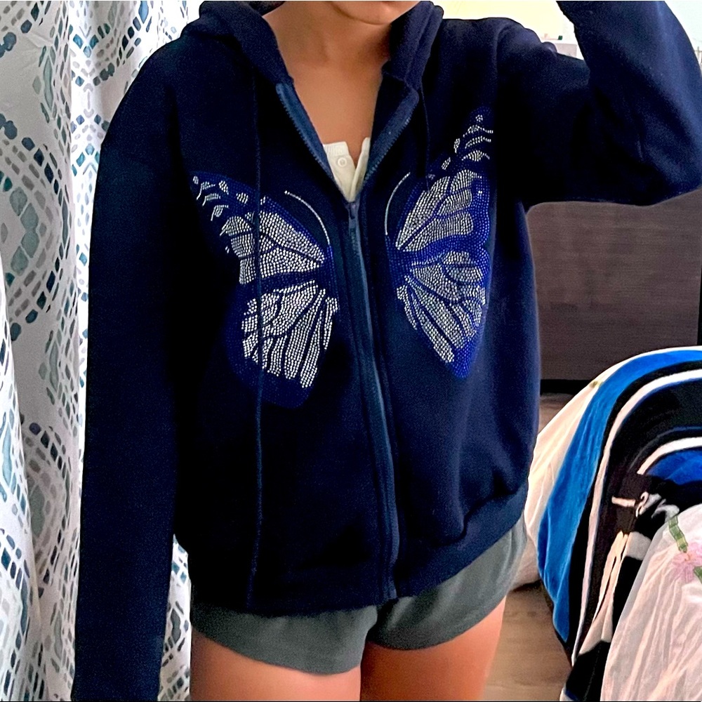 {Shein} OVERSIZED NAVY BLUE BUTTERFLY ZIP UP